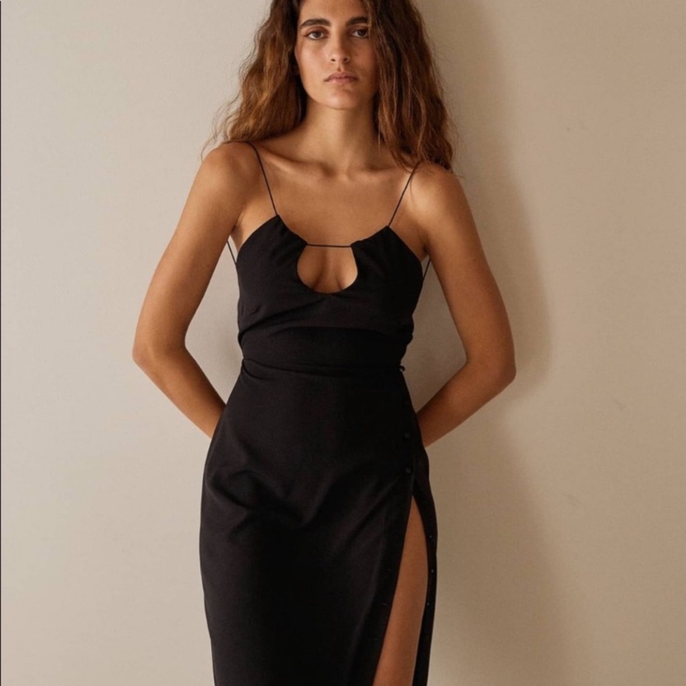 Black Midi Slip Dress with Front Cutout